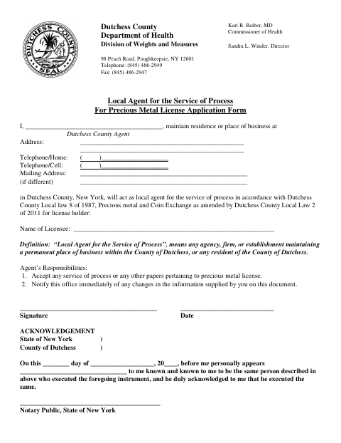Local Agent for Service of Process Form, Dutchess County form, first page