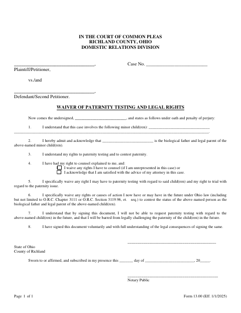 Waiver of Paternity Testing and Legal Rights, Richland County form, first page