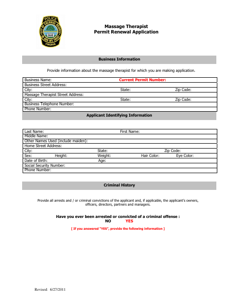 Massage Therapist Permit Renewal Application, City of Colonial Heights form, first page