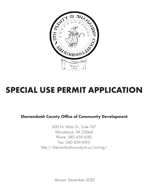 Special Use Permit Application, Shenandoah County form, first page