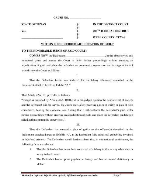 Motion for Deferred Adjudication of Guilt, Affidavit, and Proposed Order, Webb County form, first page
