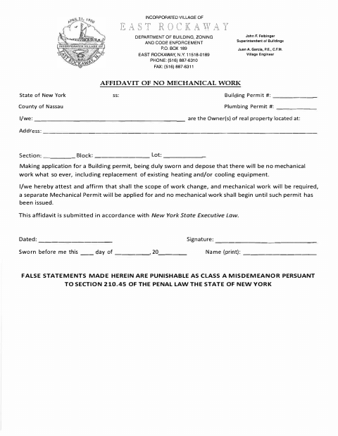 First page of the Affidavit of No Mechanical Work