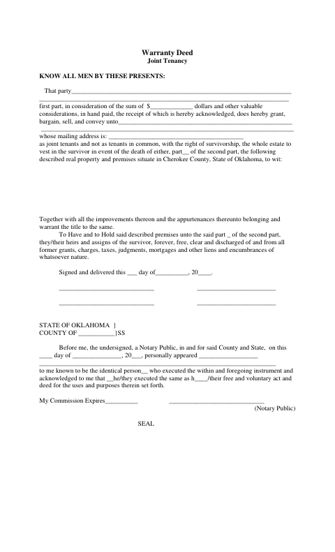 Warranty Deed Joint Tenancy, Cherokee County form, first page