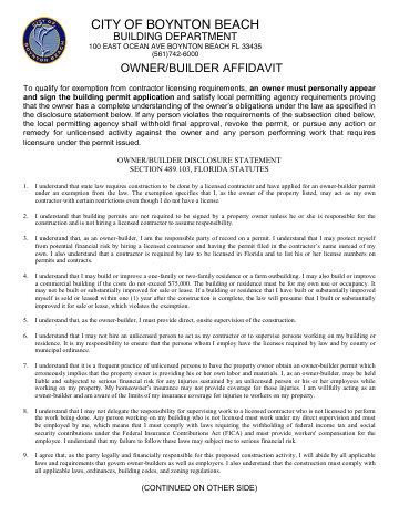 First page of the Owner/Builder Affidavit & Disclosure Statement (FS 489.103)