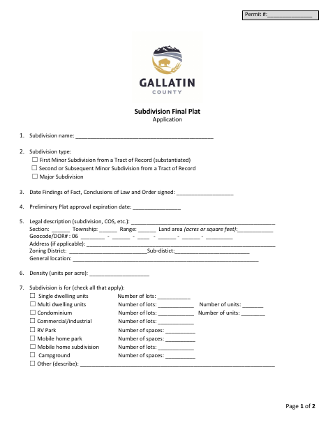 First page of the Final Plat Application