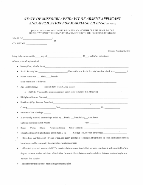 Affidavit of Absent Applicant and Application for Marriage License, St. Francois County form, first page