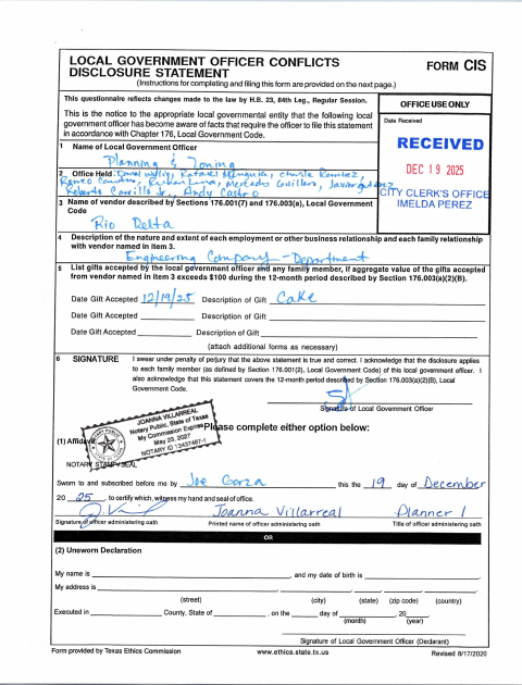 First page of the Local Government Officer Conflicts Disclosure Statement