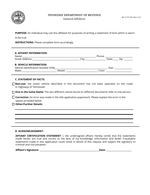 General Affidavit, Fentress County form, first page