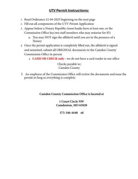 UTV Permit Application, Camden County form, first page