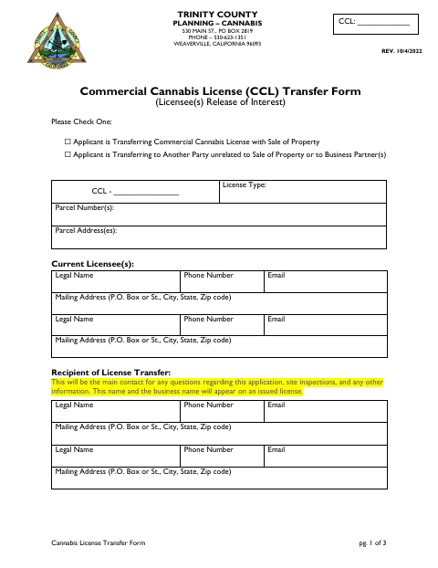 Cannabis License Transfer Form, Trinity County form, first page
