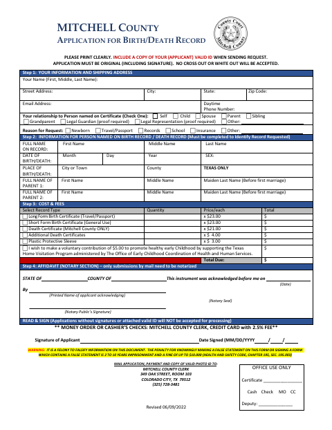 Application for Birth or Death Record, Mitchell County form, first page