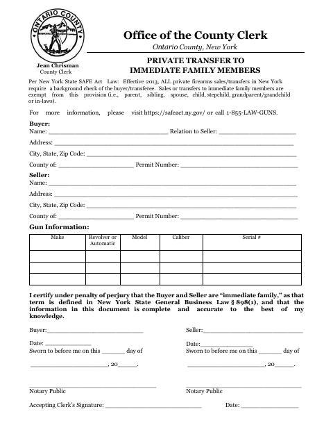 Private Transfer to Immediate Family Members, Ontario County form, first page
