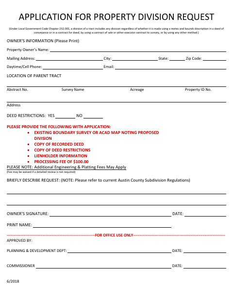 First page of the Application for Property Division Request