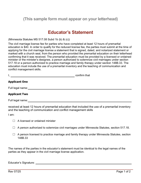 First page of the Educator’s Statement