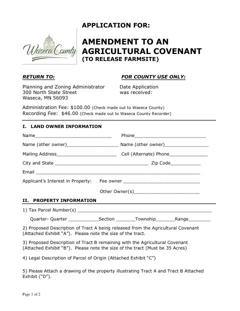 Amendment Of Exclusive Agricultural Use Zone Restrictive Covenant, Waseca County form, first page