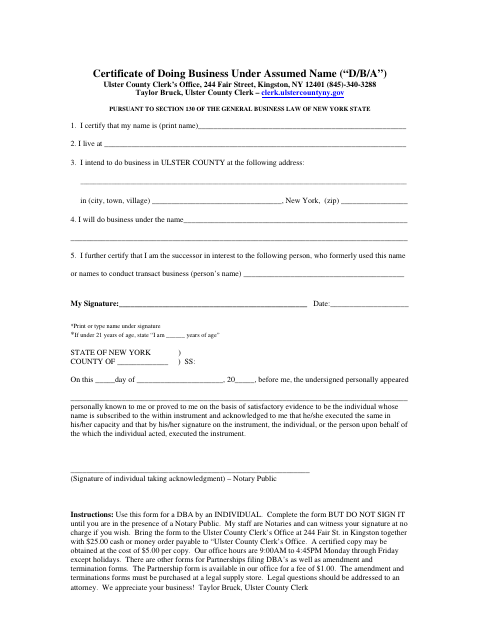 Certificate of Doing Business Under Assumed Name (D/B/A), Ulster County form, first page