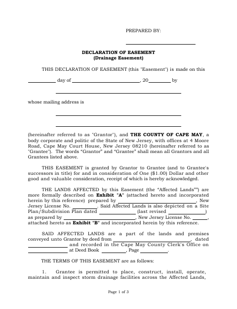 Declaration of Easement (Drainage Easement), Cape May County form, first page