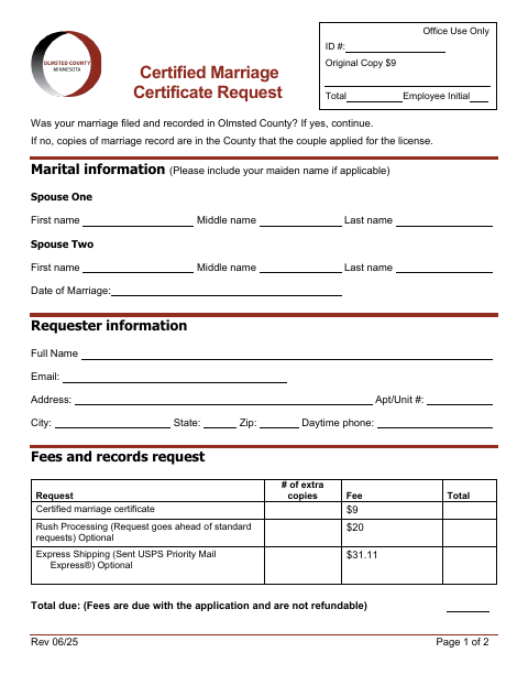 First page of the Certified Marriage Certificate Request