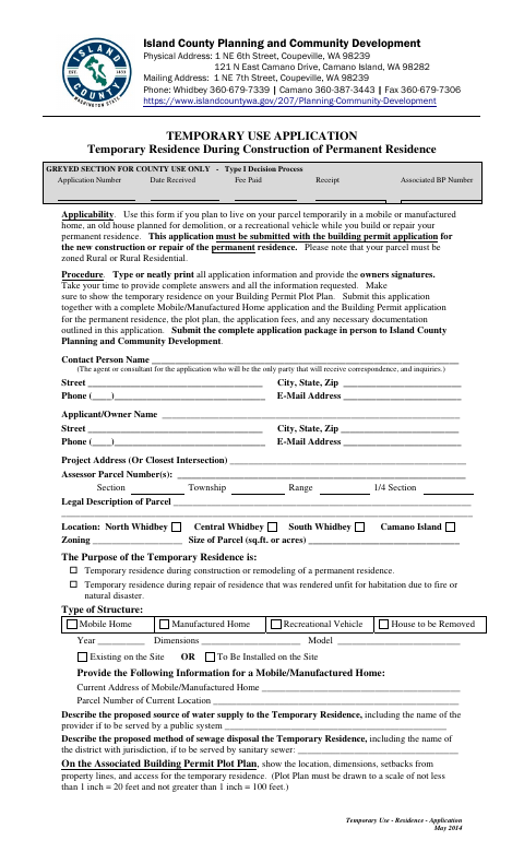Temporary Use Residence Application, Island County form, first page