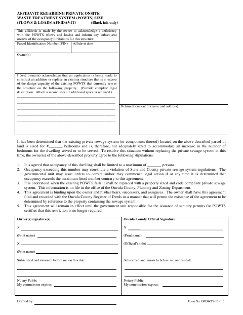 Affidavit Regarding Private Onsite Waste Treatment System Size, Oneida County form, first page