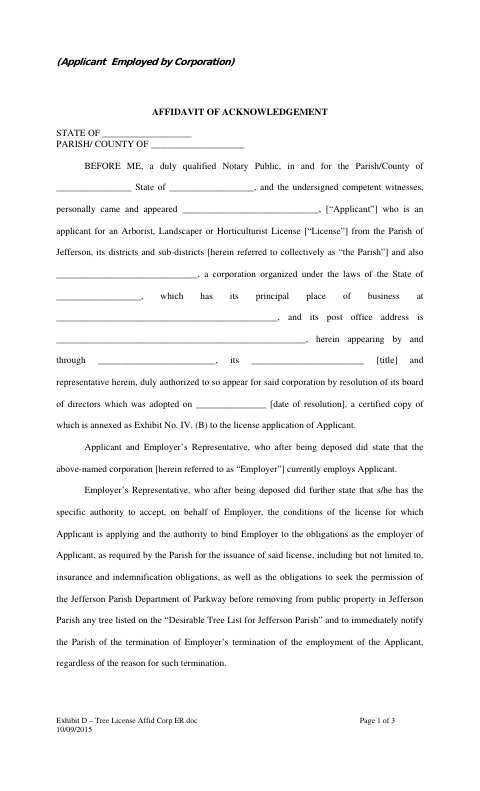 Affidavit of Acknowledgement, Jefferson Parish form, first page