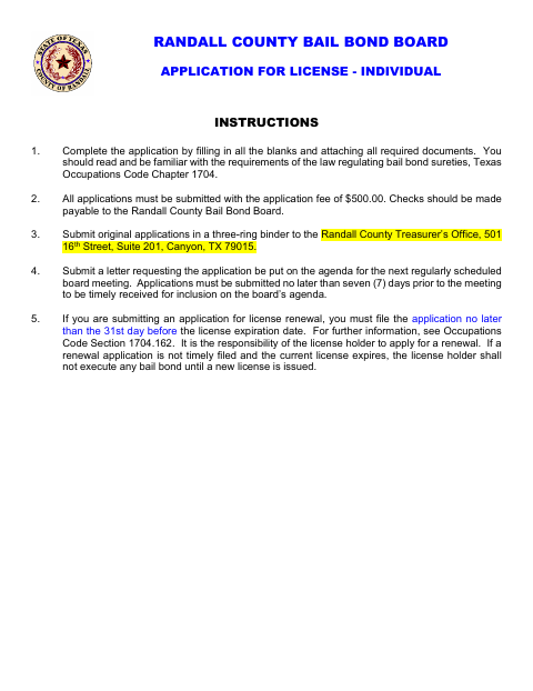 Individual Application, Randall County form, first page