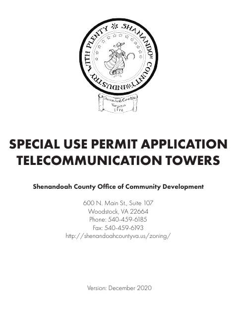 Special Use Permit Application for Telecommunication Towers, Shenandoah County form, first page
