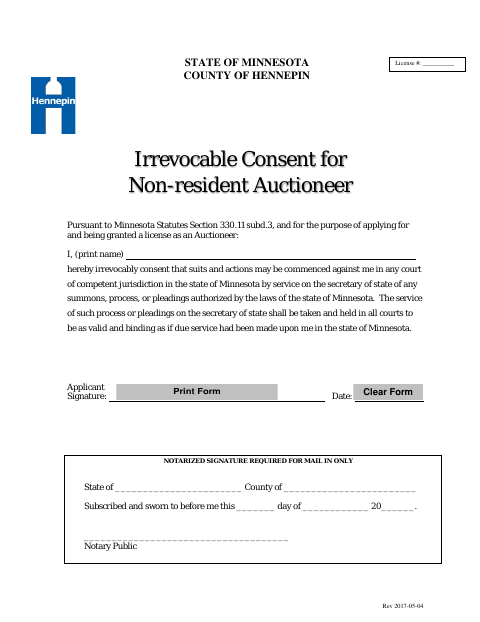 Irrevocable Consent for Non-Resident Auctioneer, Hennepin County form, first page