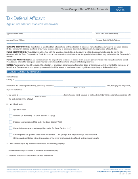 Tax Deferral Affidavit Age 65 or Older or Disabled Homeowner, Bexar County form, first page