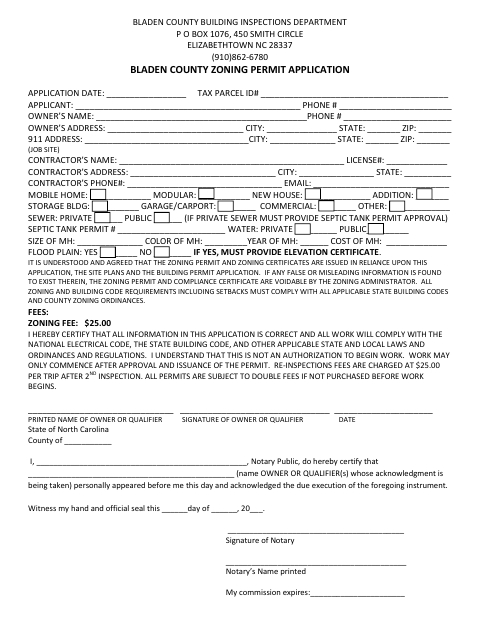 Zoning Permit Application, Bladen County form, first page