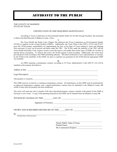Affidavit to the Public, Madison County form, first page