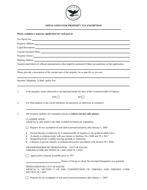 Application for Property Tax Exemption, City of Salem form, first page