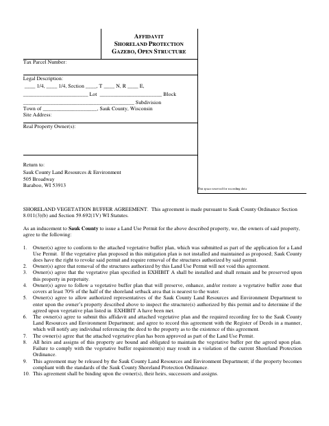 Shoreland Protection Gazebo and Open Structure Affidavit, Sauk County form, first page