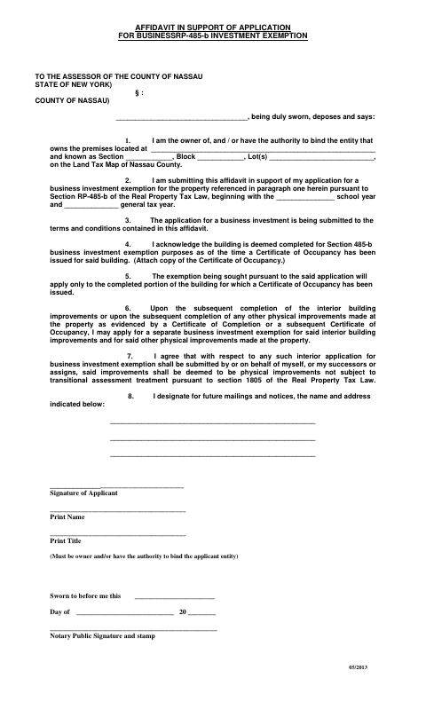 485-b Affidavit in Support of Application for Business Investment Exemption, Nassau County form, first page