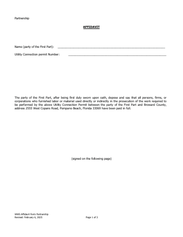 Partnership AFFIDAVIT Name (party of the First Part) — Broward County form, first page