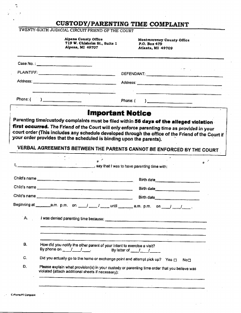 Custody and Parenting Time Complaint, Alpena County form, first page