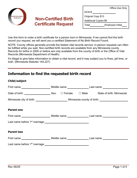 Noncertified Birth Certificate Request, Olmsted County form, first page