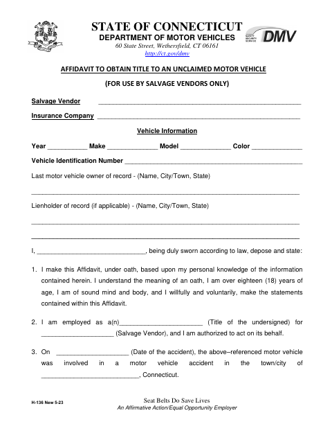 H-136 Affidavit to Obtain Title to a Motor Vehicle (Denied Insurance Claim) first page