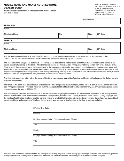SFN 2935 Mobile Home and Manufactured Home Dealer Bond first page