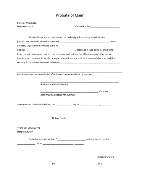 Probate of Claim, DeSoto County form, first page