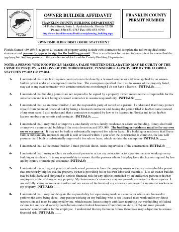 OWNER BUILDER AFFIDAVIT — Franklin County form, first page