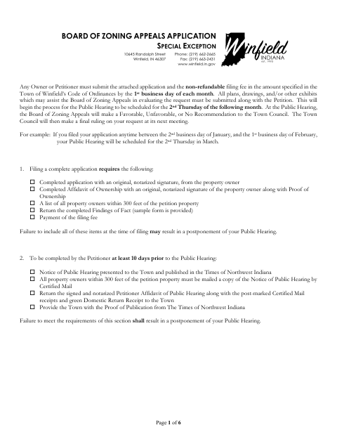 First page of the Board of Zoning Appeals Special Exception Application