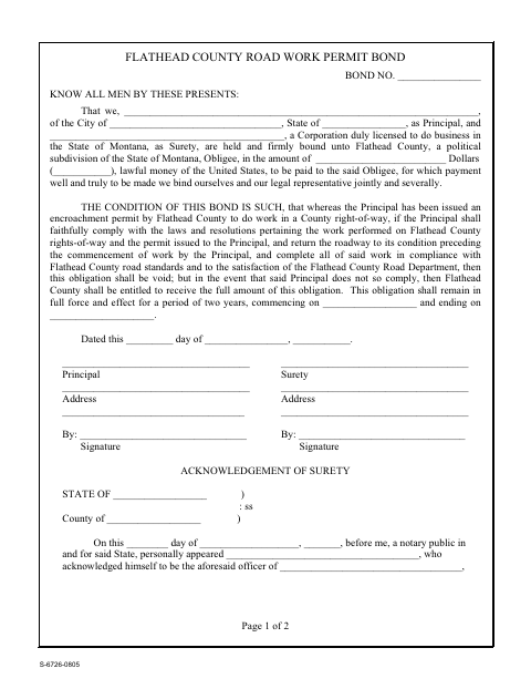 Road Work Permit Bond, Flathead County form, first page