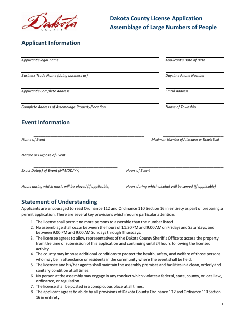 First page of the Application for Assemblage of Large Numbers of People Permit