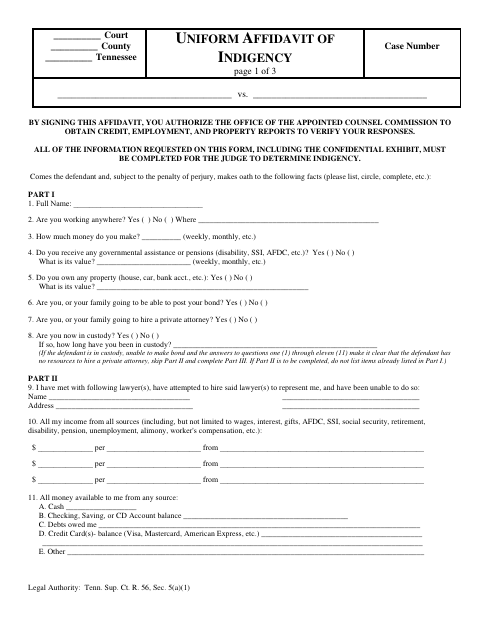 Uniform Affidavit of Indigency, Williamson County form, first page
