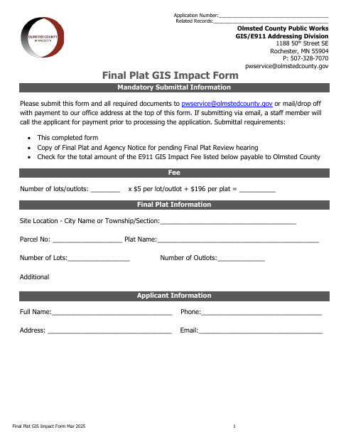 First page of the Final Plat GIS Impact Form