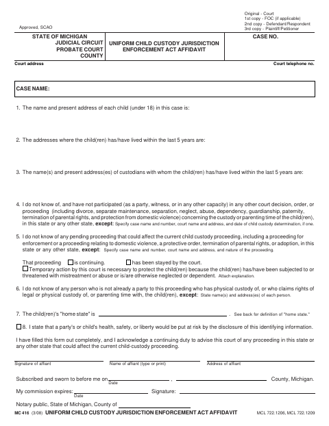 Uniform Child Custody Jurisdiction Enforcement Act Affidavit, Gratiot County form, first page