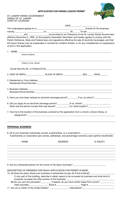 Application For Parish Liquor Permit, St. Landry Parish form, first page
