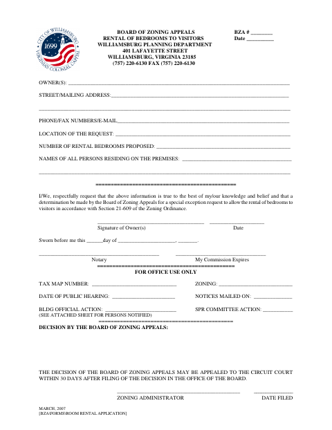 Rental Of Bedrooms To Visitors, City of Williamsburg form, first page