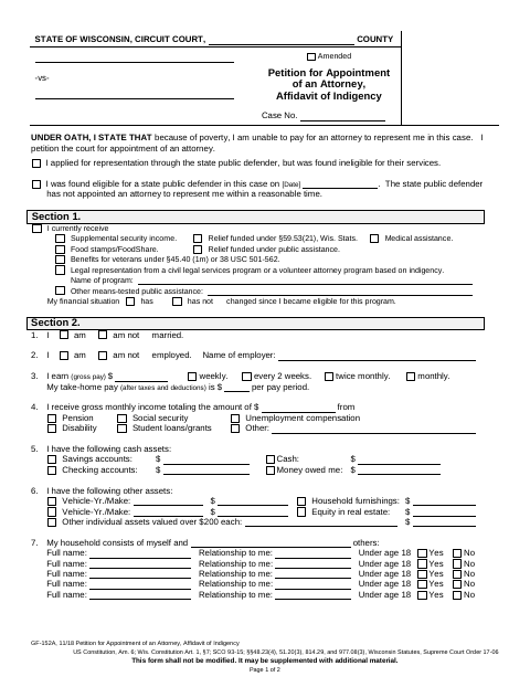 Petition for Appointment of an Attorney and Affidavit of Indigency, Crawford County form, first page